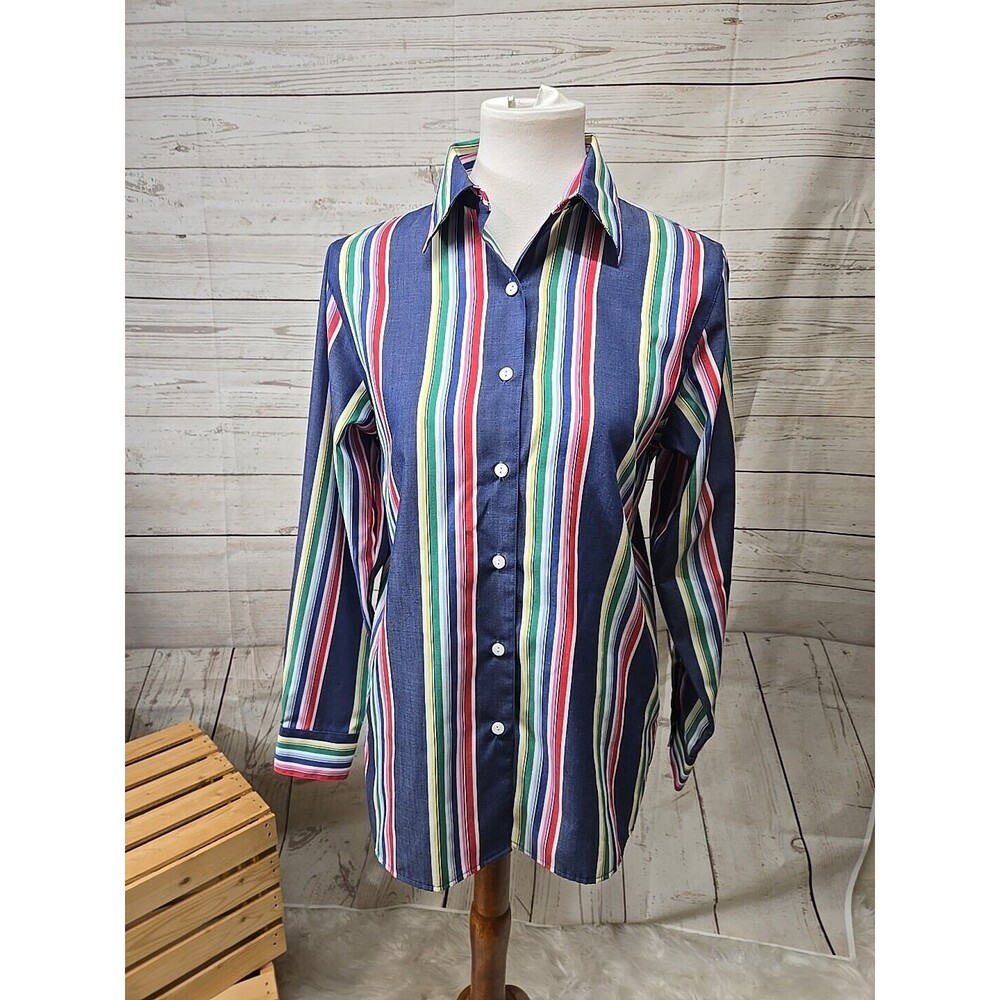 Foxcroft Women's 4 Multicolor‎ Striped Wrinkle Free Button Up Shirt Long Sleeve